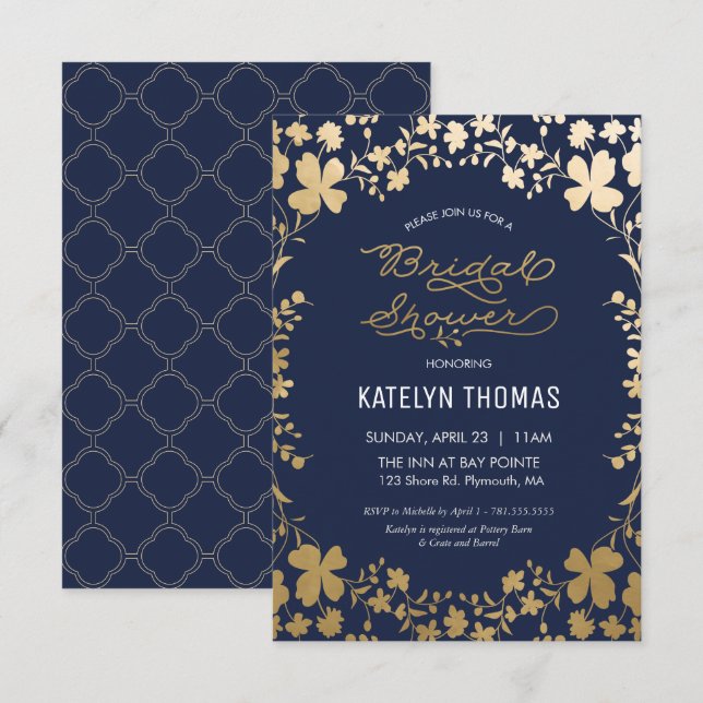 Invitation à la douche nuptiale, or Vintage Navy - (Devant / Derrière)
