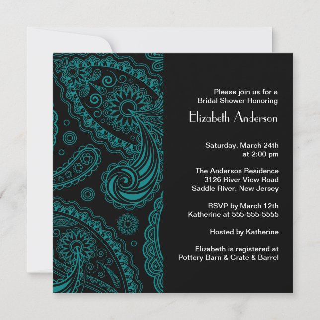 Invitation à la douche nuptiale Paisley Noir et Tu (Devant)