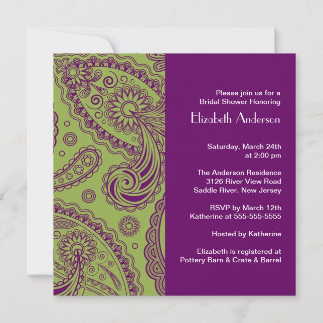 Invitation à la douche nuptiale Paisley Purple & G (Devant)