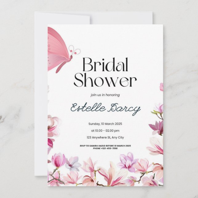 Invitation à la douche nuptiale Papillons et fleur (Devant)