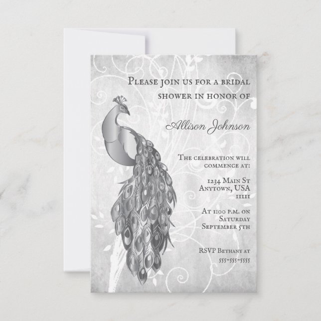 Invitation à la douche nuptiale Peacock Silver (Devant)