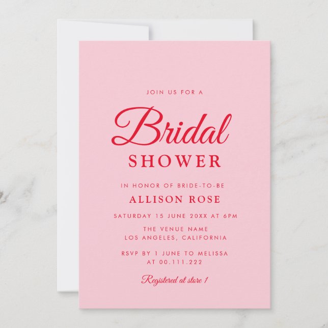 invitation à la douche nuptiale rose et rouge (Devant)