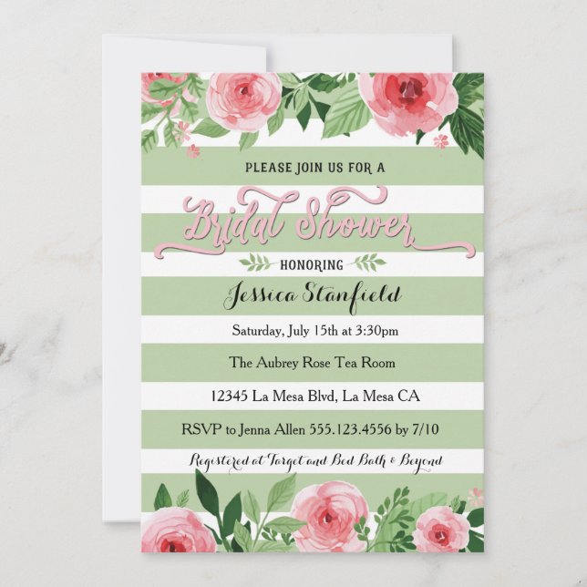 Invitation à la douche nuptiale rose et vert menth (Devant)