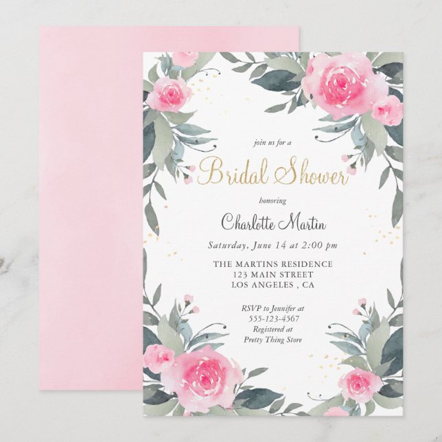Invitation à la douche nuptiale rose fleurie (Devant / Derrière)