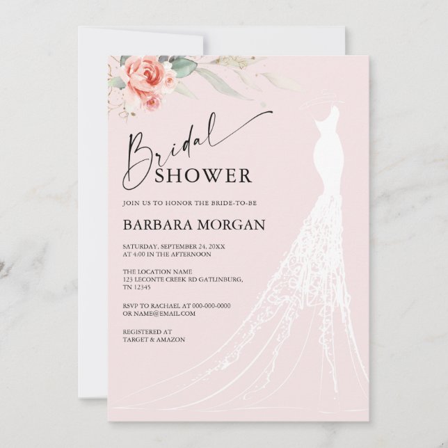 Invitation à la douche nuptiale rose florale et ve (Devant)