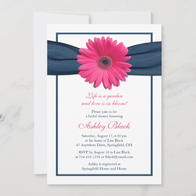 Invitation à la douche nuptiale rose Gerbera Navy (Devant)
