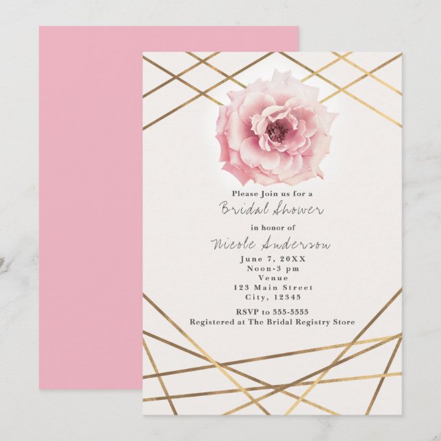 Invitation à la douche nuptiale rose & or Floral G (Devant / Derrière)