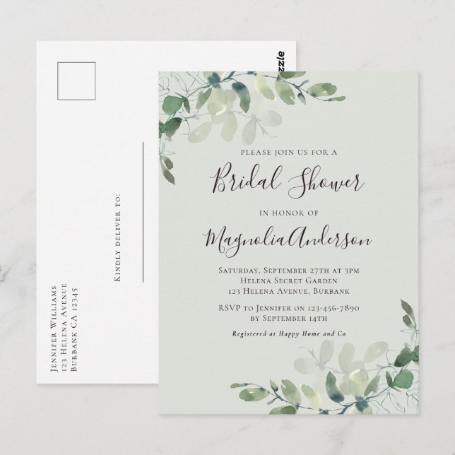 Invitation à la douche nuptiale Sage Green Eucalyp (Devant / Derrière)