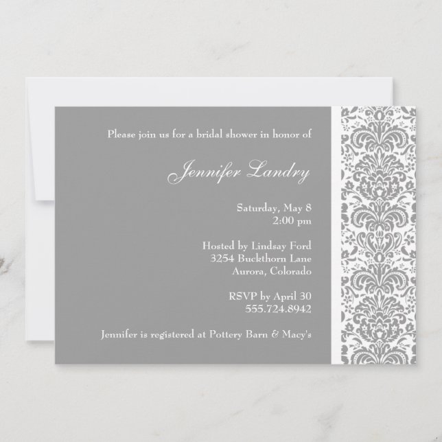 Invitation à la douche nuptiale Silver Damask (Devant)