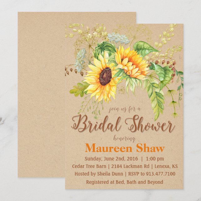 Invitation à la douche nuptiale Sunflower Kraft (Devant / Derrière)