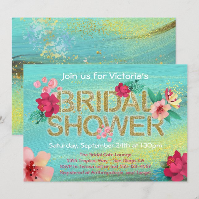 Invitation à la douche nuptiale Tropical Golden Br (Devant / Derrière)