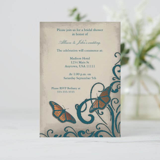 Invitation à la douche nuptiale turquoise à papill (Debout devant)