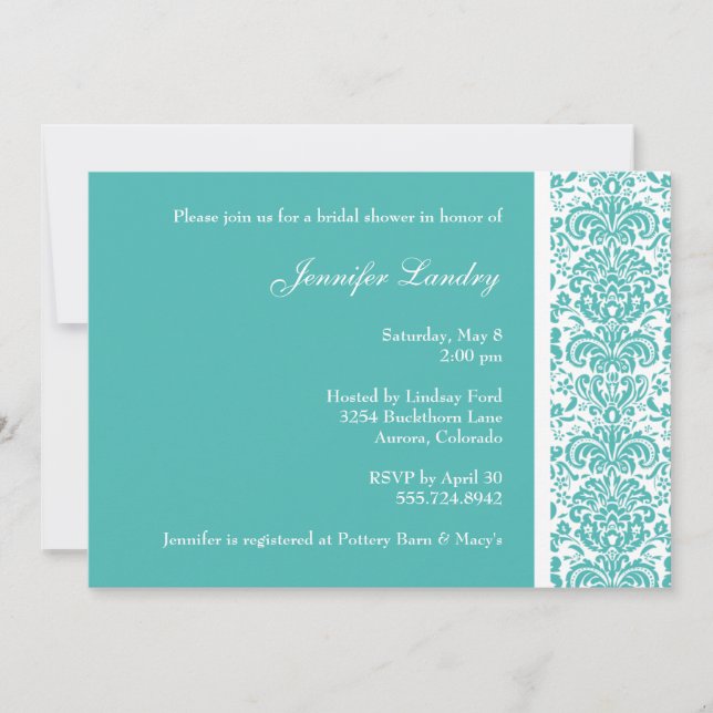Invitation à la douche nuptiale turquoise Damask (Devant)