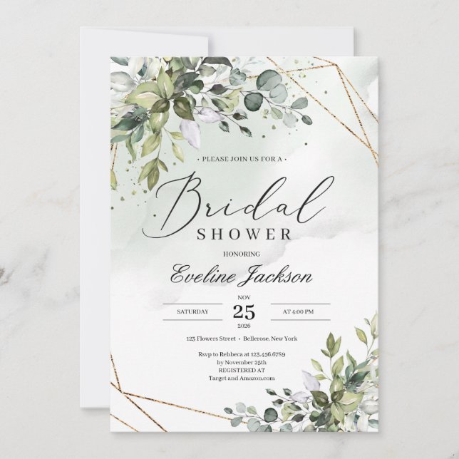 Invitation à la douche nuptiale verte et or (Devant)