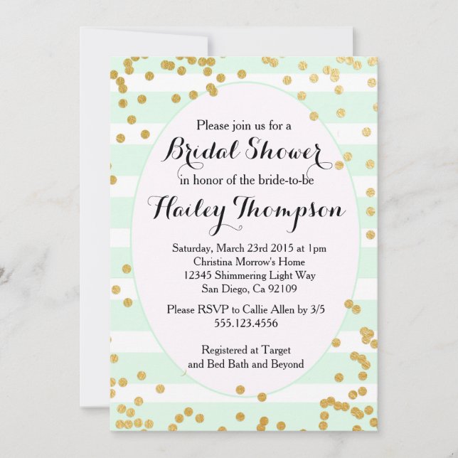Invitation à la douche nuptiale verte et or Mint (Devant)