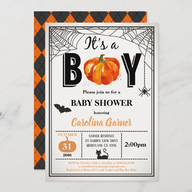 Invitation à la douche pour bébé d'Halloween. C'es (Devant / Derrière)