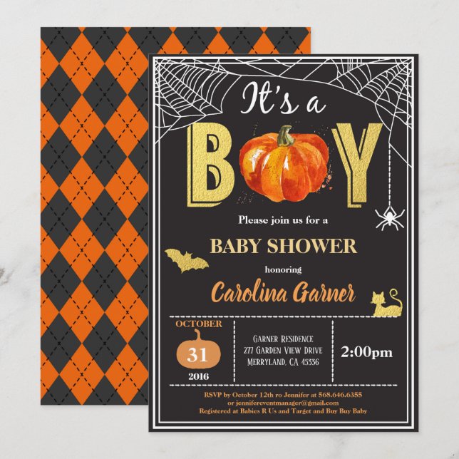 Invitation à la douche pour bébé d'Halloween. Or n (Devant / Derrière)