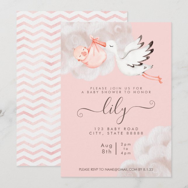 Invitation à la douche pour bébé fille (Devant / Derrière)