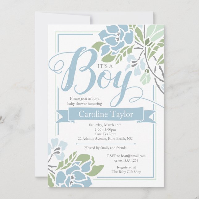 Invitation à la douche pour bébé Floral bleu (Devant)