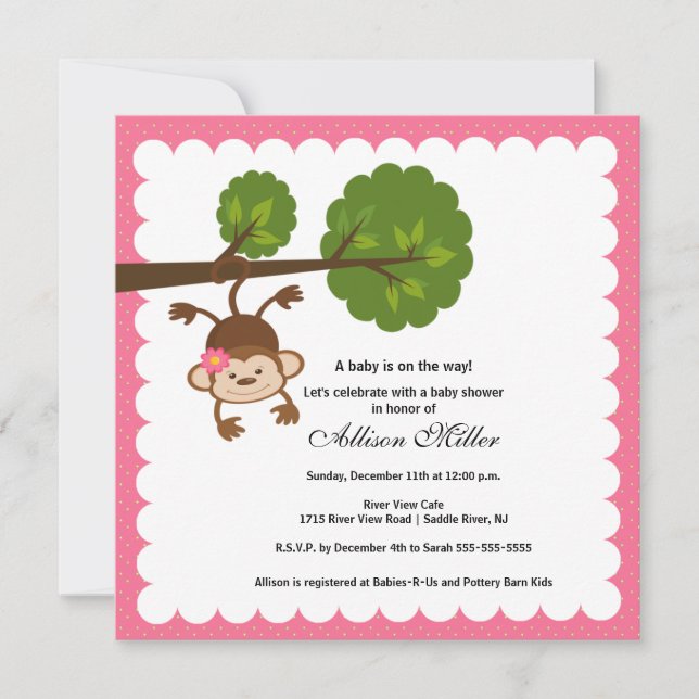 Invitation à la douche pour petite fille de singe (Devant)