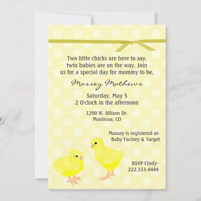 Invitation à la douche Twin Yellow Chicks (Devant)