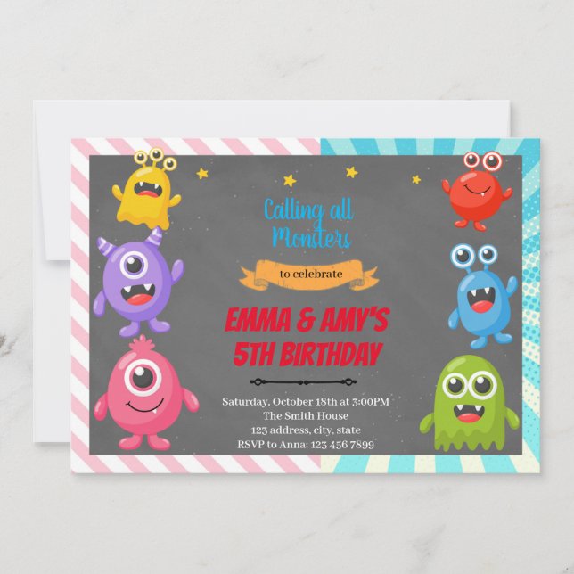 Invitation à la fête conjointe garçon fille monstr (Devant)