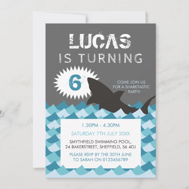 Invitation à la fête d'anniversaire à thème requin (Devant)