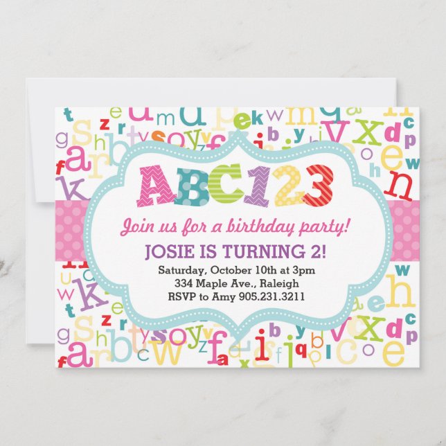 Invitation à la fête d'anniversaire Alphabet (rose (Devant)