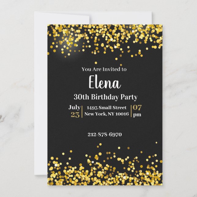 Invitation à la fête d'anniversaire Black and Gold (Devant)