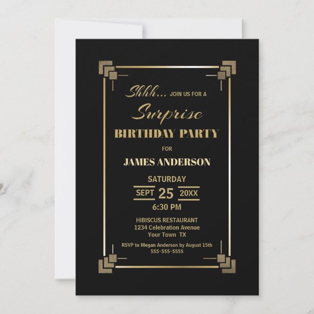 Invitation à la fête d'anniversaire Black and Gold (Devant)