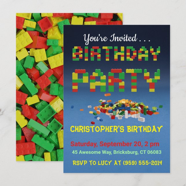 Invitation à la fête d'anniversaire de Brickbuilde (Devant / Derrière)