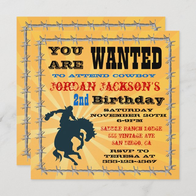 Invitation à la fête d'anniversaire de Bronco Cowb (Devant / Derrière)