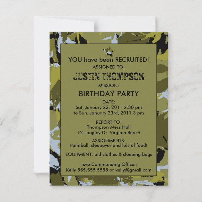 Invitation à la fête d'anniversaire de Camo (Devant)