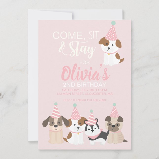 Invitation à la fête d'anniversaire de chiot rose (Devant)