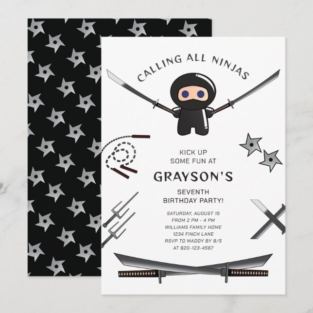 Invitation à la fête d'anniversaire de Cute Ninja (Devant / Derrière)