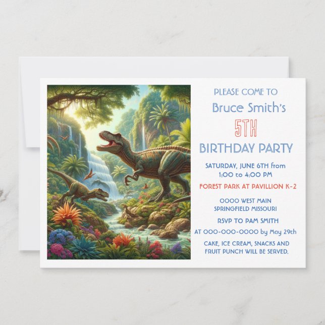Invitation à la fête d'anniversaire de garçon dino (Devant)
