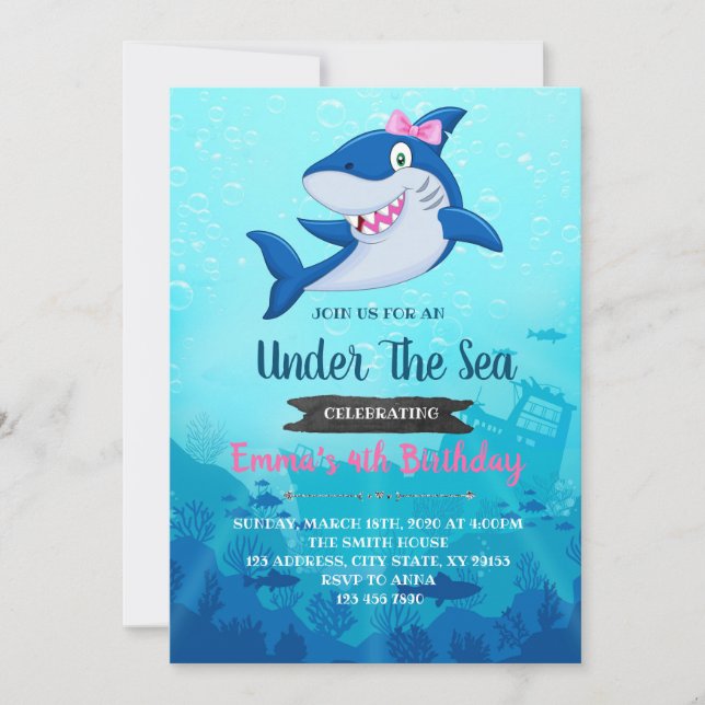 Invitation à la fête d'anniversaire de Girl Shark (Devant)