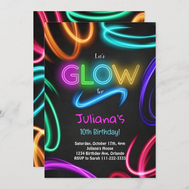 Invitation à la fête d'anniversaire de Glow Neon (Devant / Derrière)