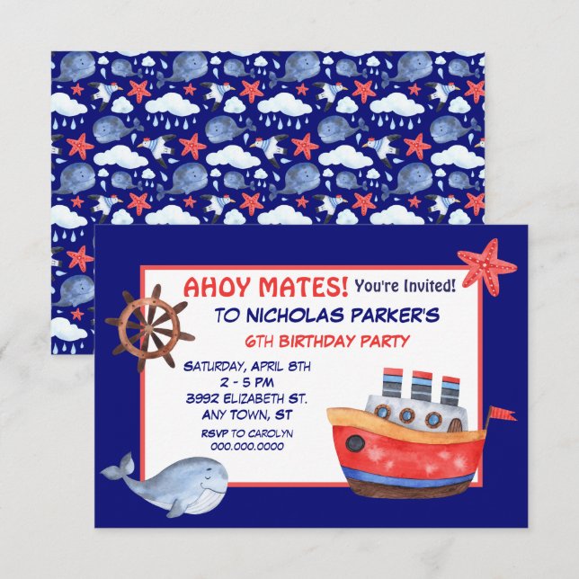Invitation à la fête d'anniversaire de la baleine  (Devant / Derrière)