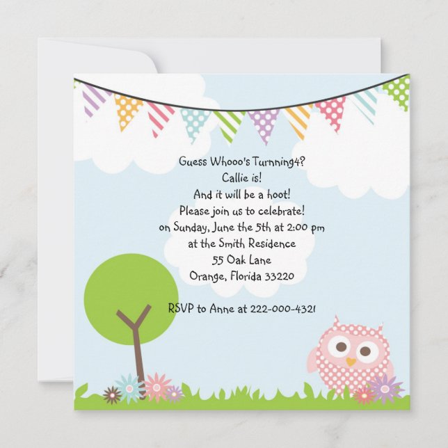 Invitation à la fête d'anniversaire de la chouette (Devant)