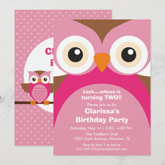 Invitation à la fête d'anniversaire de la Chouette (Devant / Derrière)