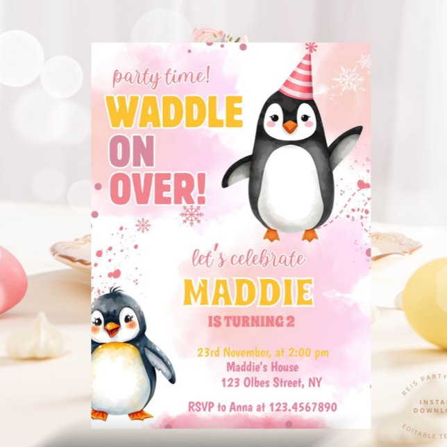 Invitation à la fête d'anniversaire de la fille Pi (december birthday, winter birthday, kids birthday party, winter themed, girl birthday, penguin, cute)