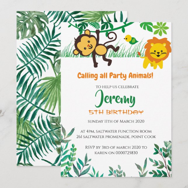 Invitation à la fête d'anniversaire de la Jungle L (Devant / Derrière)