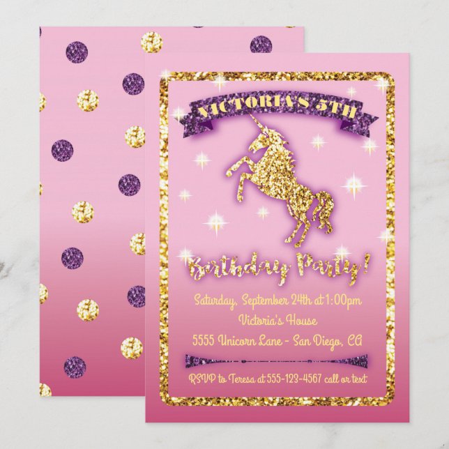 Invitation à la fête d'anniversaire de la licorne (Devant / Derrière)
