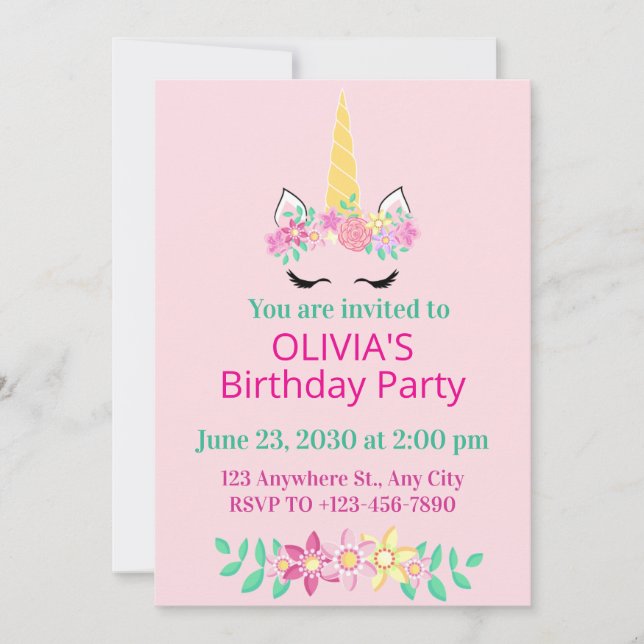 Invitation à la fête d'anniversaire de la licorne  (Devant)