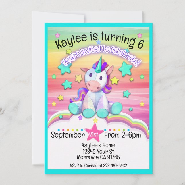 Invitation à la fête d'anniversaire de la licorne (Devant)
