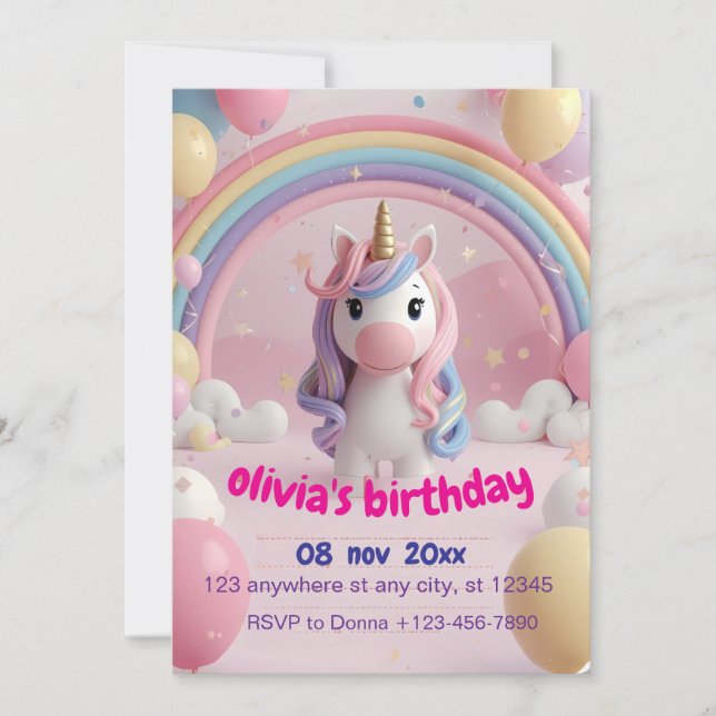 Invitation à la fête d'anniversaire de la licorne  (Devant)