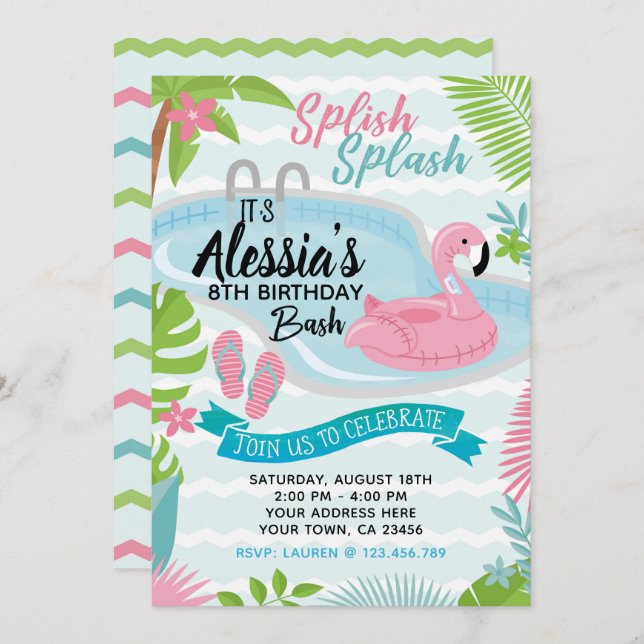 Invitation à la fête d'anniversaire de la piscine (Devant / Derrière)