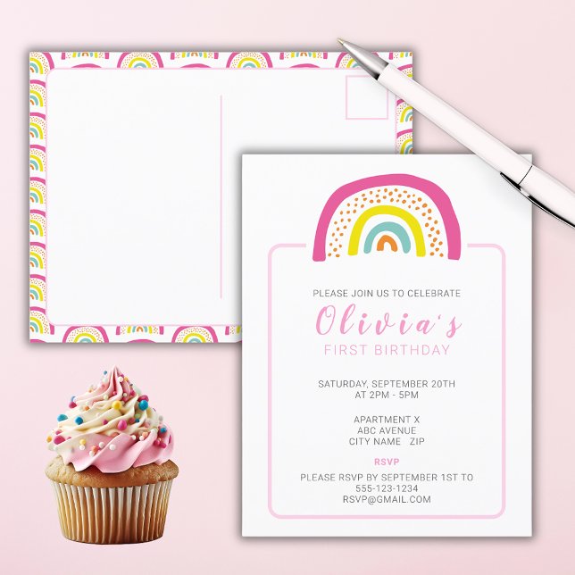 Invitation à la fête d'anniversaire de la première (Girls Birthday Party Invitation postcard with colorful pink rainbow design.)