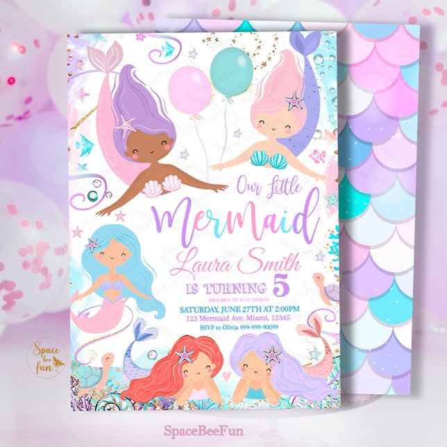 Invitation à la fête d'anniversaire de la Sirène (Mermaid,Birthday Party,Invitation mermaid,Sea Mermaid,Party invite,Under The Sea,Pool Magical party,)